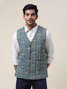 Fabindia - Green Cotton Floral Slim Fit Vest Jacket