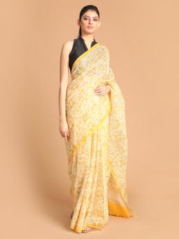 Indethnic - Yellow Floral Super Net Saree with Unstitched Blouse