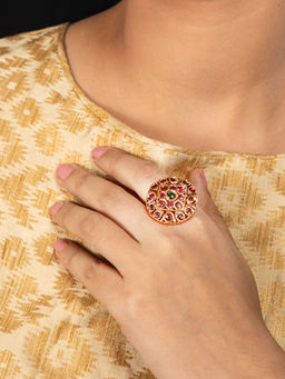 Niscka - 24K Gold Plated Pink and Green Emerald Cocktail Ring