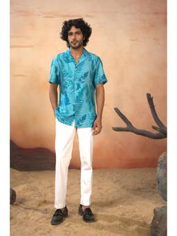 HILO DESIGN - Brizia Blue Printed Cotton Satin Shirt