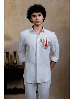HILO DESIGN - Sri Vari Sutra British White Hand Embroidered Shirt