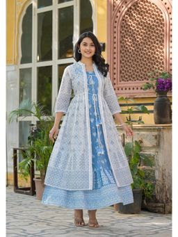 Juniper - Azure Blossom Layered Cotton Anarkali Blue Maxi Dress with Shrug