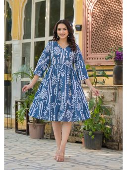 Juniper - Breeze Boho Printed Indigo Midi Dress with Dori