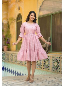 Juniper - Blush Bloom Fit and Flare Pink Knee Length Dress with Belt