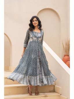 Juniper - Azure Whispers Boho Tiered Anarkali Grey Maxi Dress