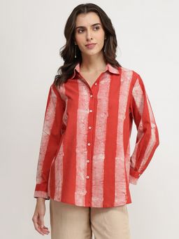 Pink Fort - Women Red Cotton Stripes Regular Fit Shirt