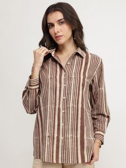 Pink Fort - Women Brown Cotton Stripes Regular Fit Shirt
