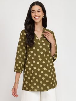 Pink Fort - Women Olive Cotton Polka Dots Regular Fit Tops