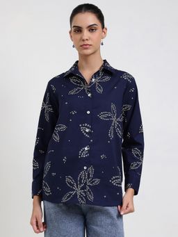 Pink Fort - Women Navy Blue Cotton Floral Regular Fit Shirt