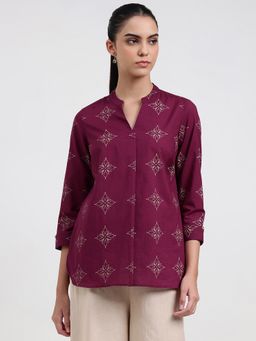 Pink Fort - Women Magenta Cotton Floral Regular Fit Tops