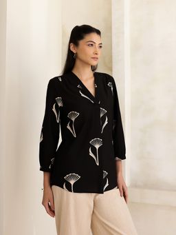 Pink Fort - Women Black Cotton Floral Relaxed Fit Tops