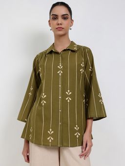 Pink Fort - Women Olive Cotton Abstract Relaxed Fit Shirt