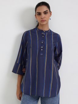 Pink Fort - Women Blue Cotton Stripes Relaxed Fit Tops