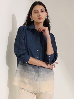 Pink Fort - Women Navy Blue Cotton Ombre Regular Fit Shirt