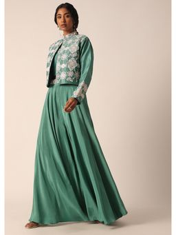 KALKI FASHION - Mirror Work Green Art Silk Blouse with Palazzo & Jacket