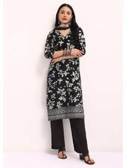 KALKI FASHION - Black Floral Printed Chanderi Kurta with Pant & Dupatta