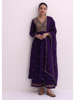 KALKI FASHION - Zari Embroidered A-Line Kurta with Purple Silk Palazzo & Dupatta