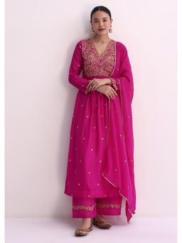 KALKI FASHION - Zari Embroidered A-Line Kurta with Palazzo & Dupatta