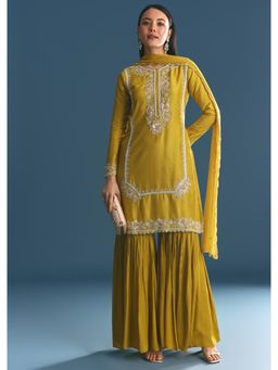 KALKI FASHION - Mustard Silk Sequins Cutdana Work Kurta with Sharara & Dupatta