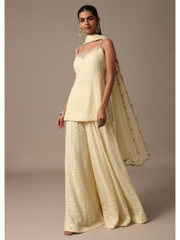 KALKI FASHION - White Lucknowi Embroidered Kurti with Palazzo & Dupatta