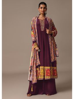 KALKI FASHION - Mirror Work Wine Embroidered Satin Anarkali with Palazzo & Dupatta