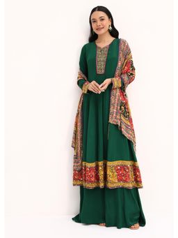 KALKI FASHION - Green Embroidered Satin Anarkali with Palazzo & Dupatta