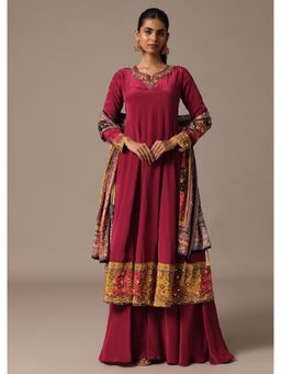 KALKI FASHION - Red Embroidered Anarkali Kurta Palazzo & Mirror Work Dupatta