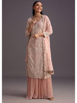 KALKI FASHION - Peach Lucknowi Kurta with Flared Palazzo & Resham Work Dupatta