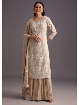KALKI FASHION - Beige Lucknowi Kurta with Flared Palazzo & Resham Work Dupatta