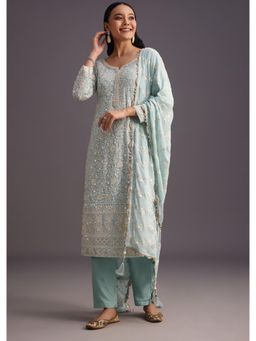KALKI FASHION - Blue Lucknowi Kurta with Pant & Resham Work Dupatta