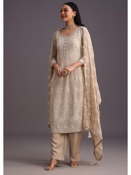 KALKI FASHION - Beige Lucknowi Kurta with Pant & Resham Work Dupatta