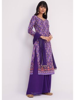 KALKI FASHION - Purple Printed Mirror Work Kurta with Flared Palazzo & Dupatta