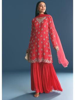 KALKI FASHION - Moti Cutdana Work Red Chinon Kurta with Sharara & Dupatta