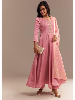 KALKI FASHION - Pink Muslin Mirror Embroidered Anarkali with Pant & Dupatta