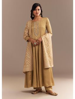 KALKI FASHION - Beige Muslin Mirror Embroidered Anarkali Kurta with Pant & Dupatta