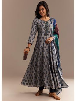 KALKI FASHION - Grey Roman Silk Printed Anarkali with Pant & Dupatta