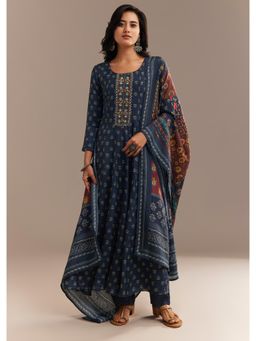 KALKI FASHION - Blue Roman Silk Printed Anarkali with Pant & Dupatta
