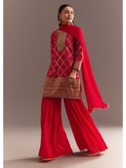 KALKI FASHION - Jacquard Red Bandhani Zari Kurta with Sharara & Chiffon Dupatta