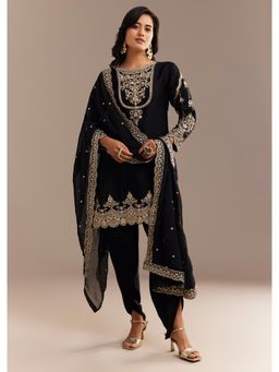 KALKI FASHION - Black Satin Zari Embroidered Kurta with Dhoti Pant & Dupatta