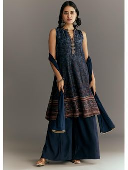 KALKI FASHION - Dark Blue Silk Printed Kurta with Palazzo & Gotta Lace Dupatta