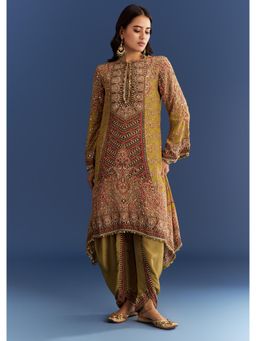KALKI FASHION - Mehendi Green Crepe Asymmetrical Kurta with Dhoti Pant