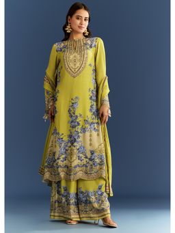 KALKI FASHION - Light Lime Green Cotton Muslin Kurta with Palazzo & Chinon Dupatta