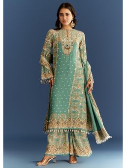 KALKI FASHION - Light Aqua Green Crepe Printed Kurta with Palazzo & Dupatta