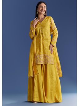 KALKI FASHION - Appliqua Organza Dupatta Yellow Silk Kurta with Palazzo & Dupatta