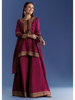 KALKI FASHION - Zari Wine Silk Kurta with Palazzo & Butti Dupatta
