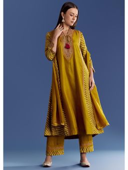 KALKI FASHION - Yellow Leheriya Kurta with Pant & Zari Butti Dupatta