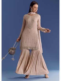 KALKI FASHION - Moti Cutdana Light Grey Chinon Kurta with Sharara & Dupatta