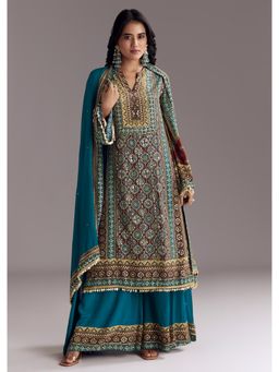 KALKI FASHION - Blue Ajrakh Print Kurta with Palazzo & Dupatta