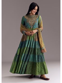KALKI FASHION - Multi-Color Printed Chanderi Stitch Work Anarkali with Pant & Dupatta