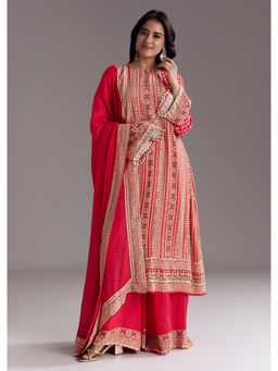 KALKI FASHION - Crimson Red Printed Kurta with Palazzo & Dupatta
